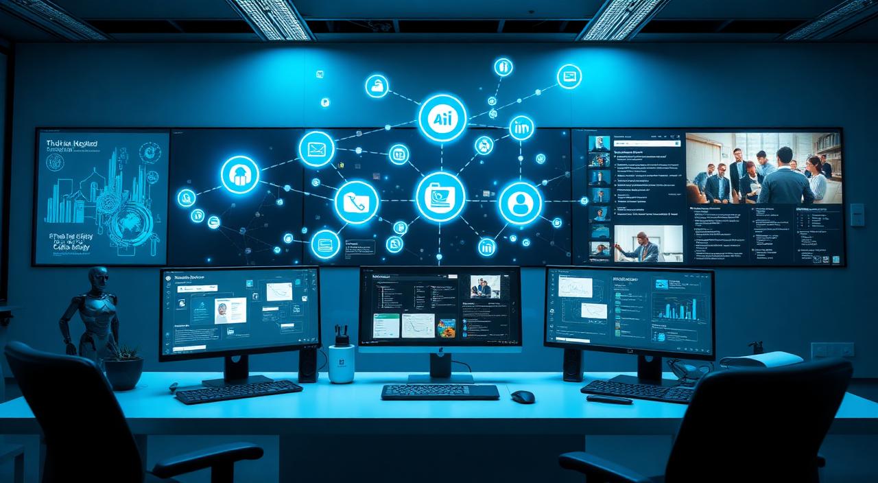 AI-generated editorial image showing an intelligent memory network connecting business projects, documents, and conversations across modern workspace screens.