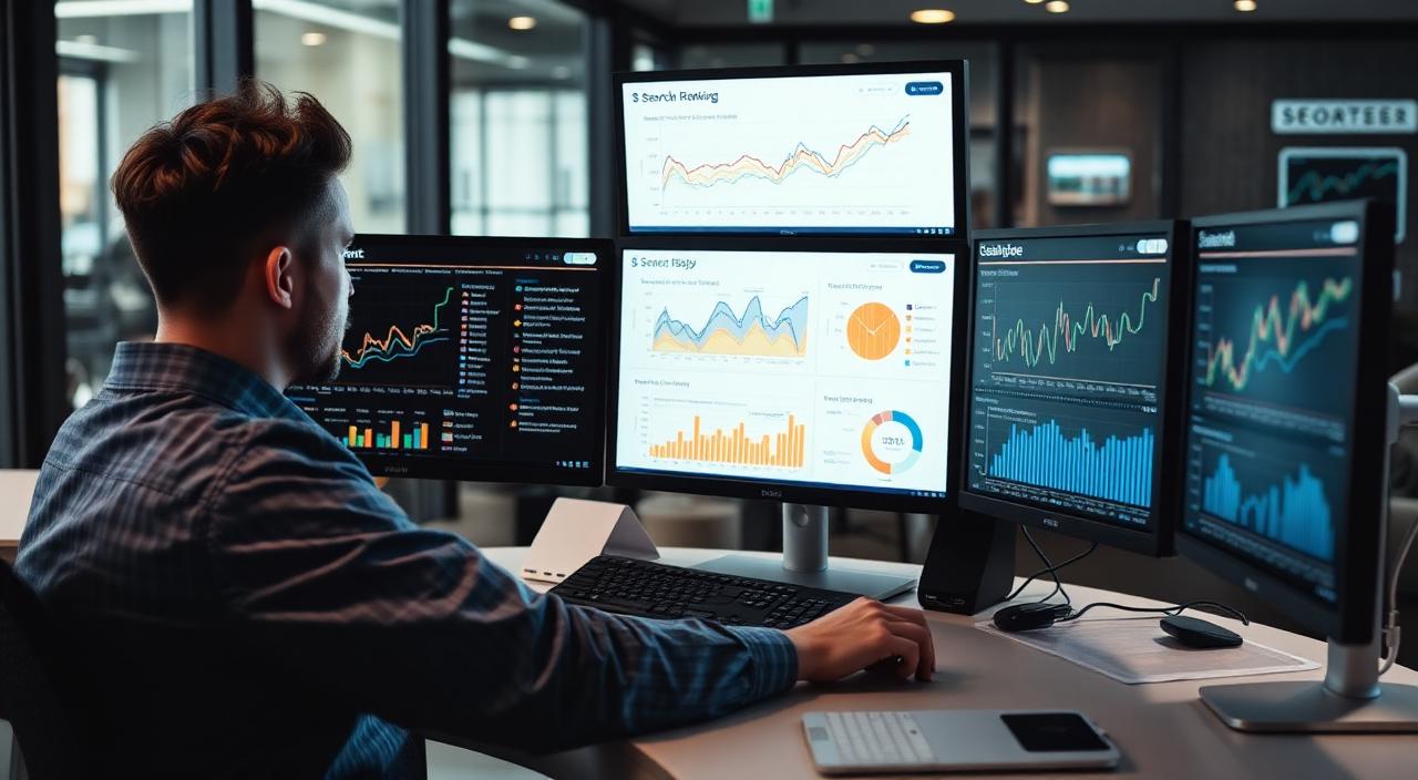 AI-generated editorial image showing an SEO professional analyzing search ranking data and website performance charts on multiple monitors.