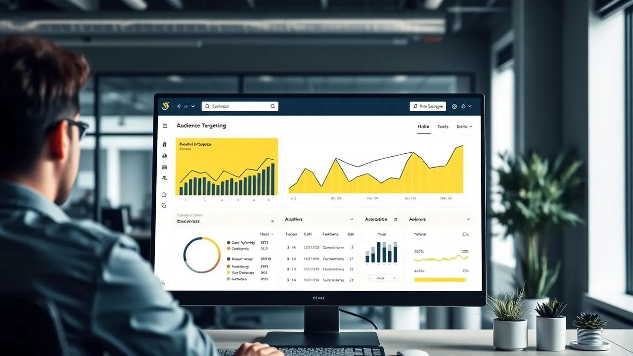 AI generated image showing a social advertising dashboard with audience targeting charts