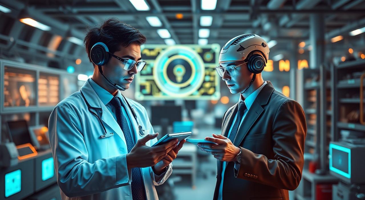 AI-generated editorial image showing a futuristic AI research environment with advanced digital assistants helping business professionals.