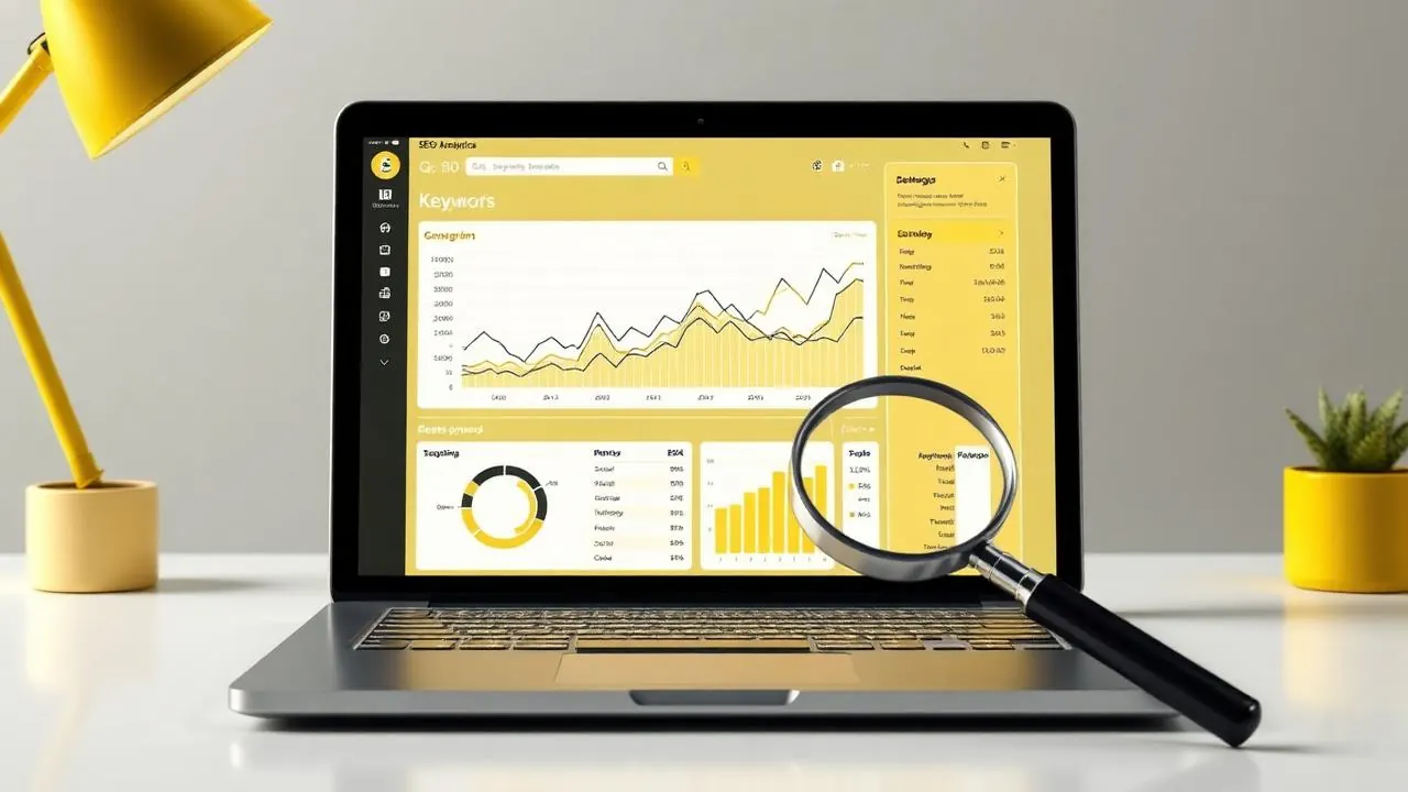 AI generated image showing SEO analytics dashboard with keyword charts on a laptop screen