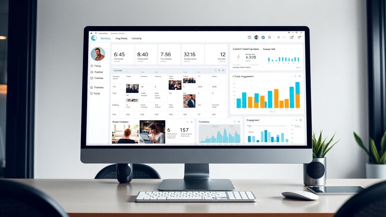 AI generated editorial image of a social media management dashboard on a desktop monitor with content calendar grid and engagement charts