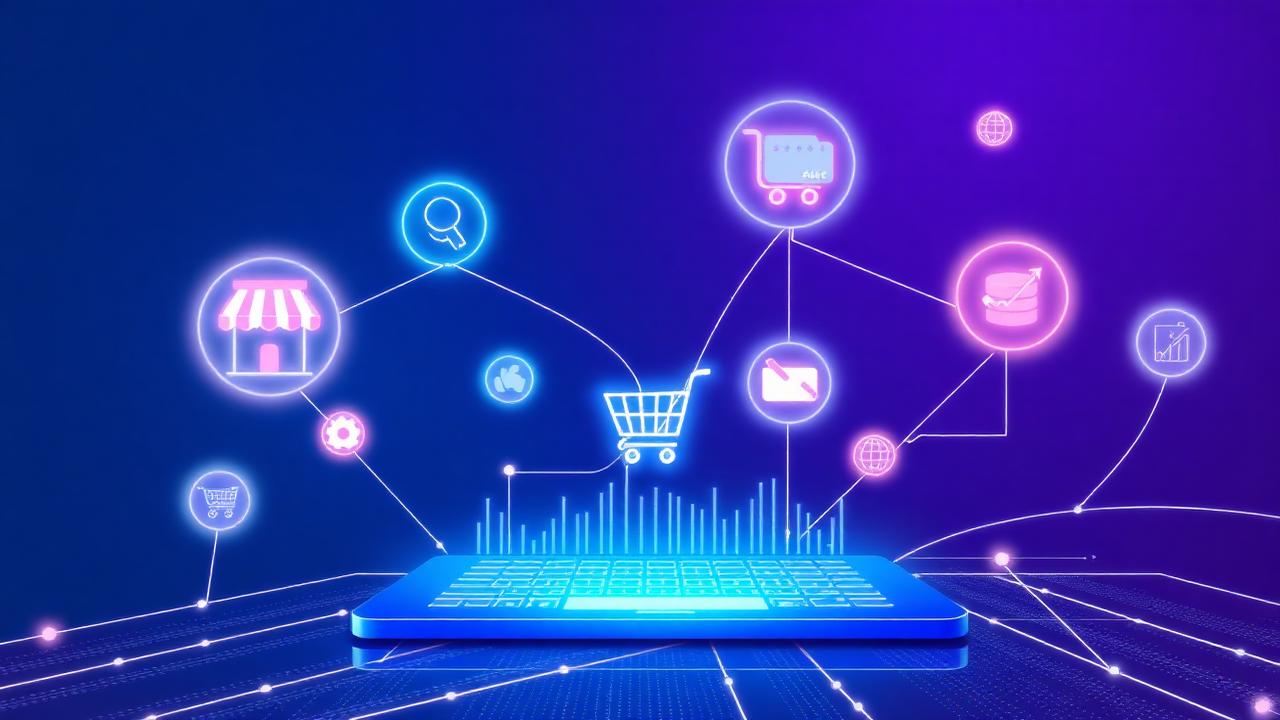 AI-generated image showing a futuristic digital commerce network connecting online stores, AI shopping assistants, payment systems, inventory databases, and business automation platforms through a unified commerce protocol.